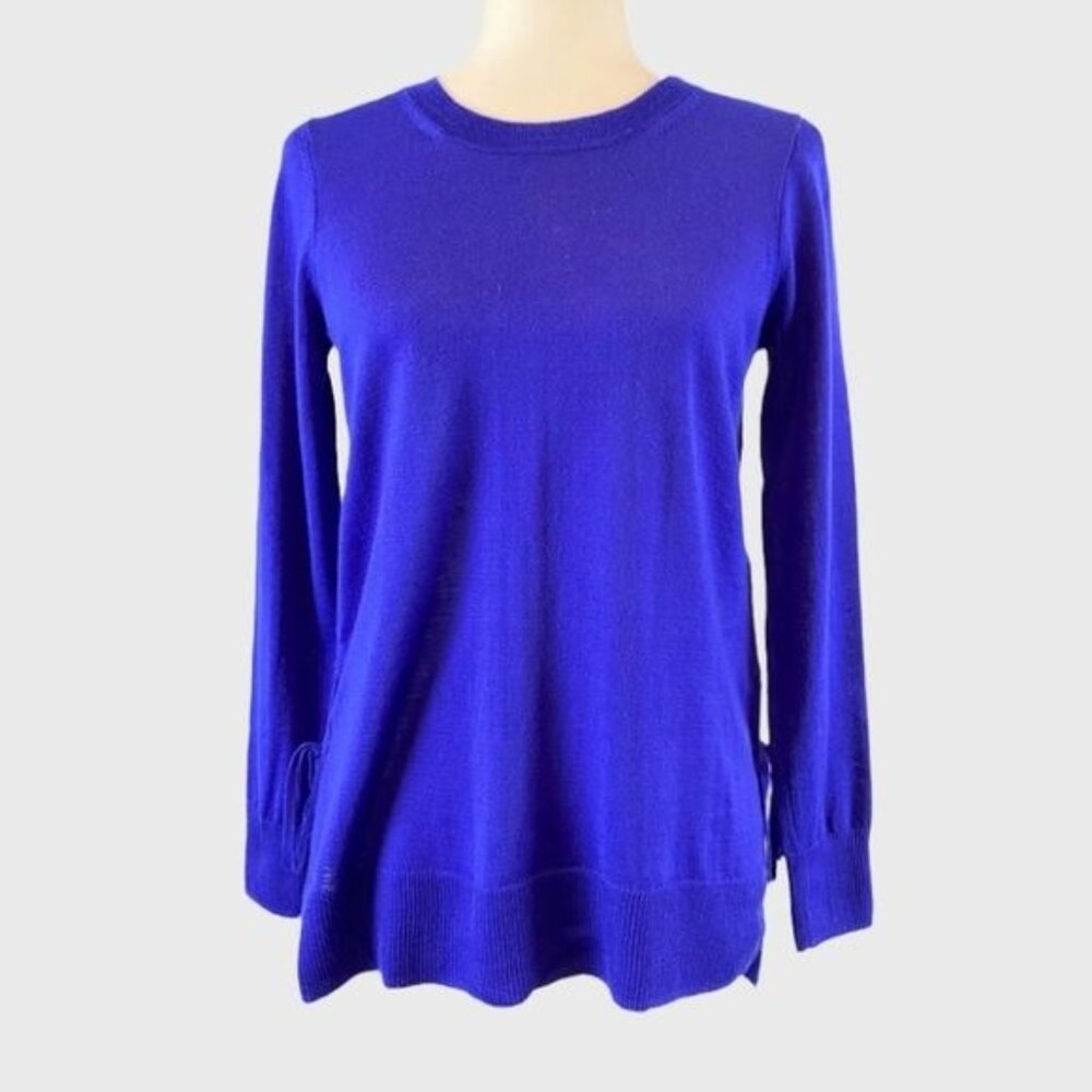 J Crew Womens Blue Merino Wool Sweater Crew Neck Side Slit Ties size XS